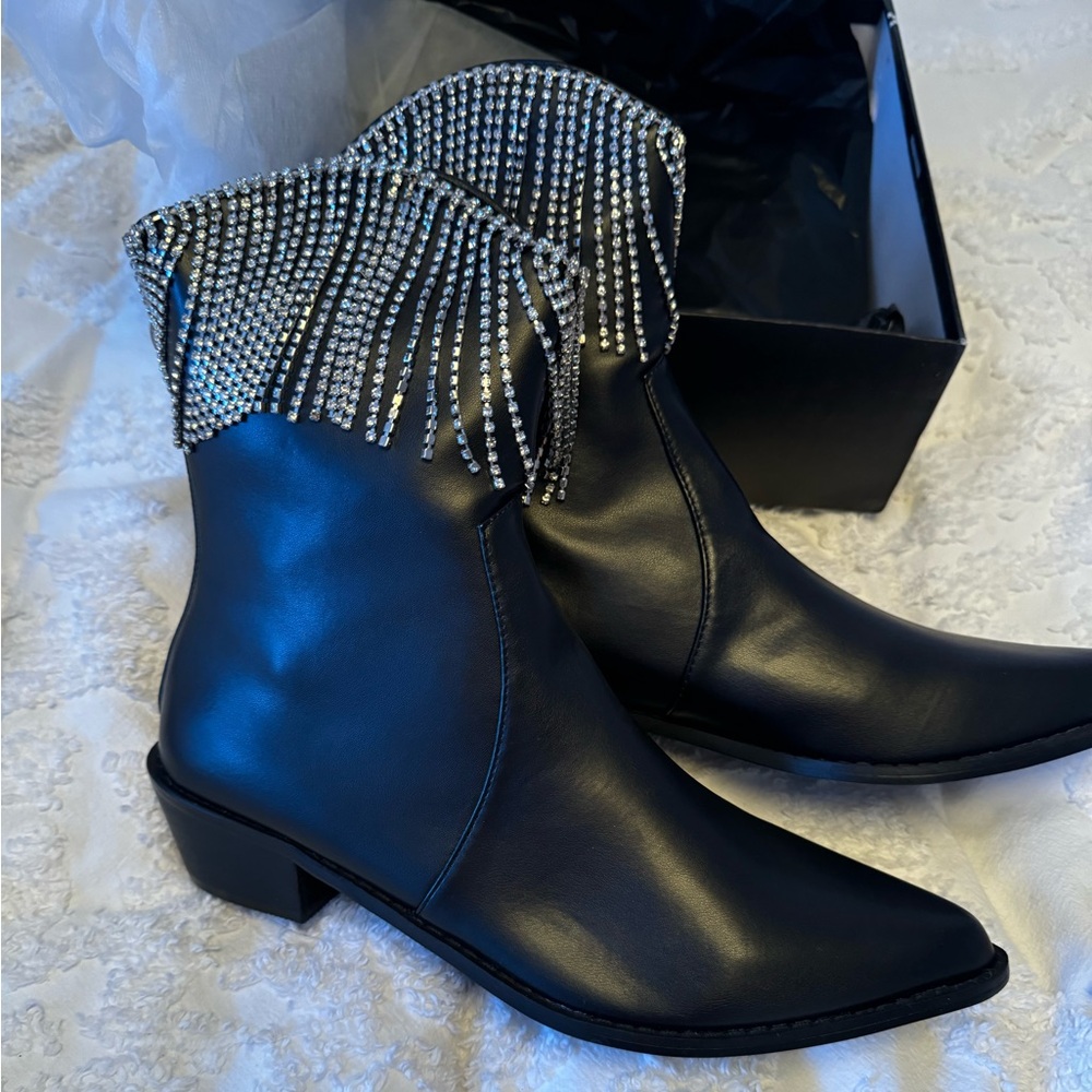 NASTYGAL Women’s Rhinestone Fringe Cowboy Bootie - brand new size 9